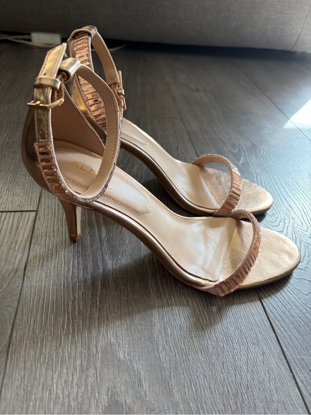 Aldo Metallic Rose Gold Ankle-Strap Heeled Sandals